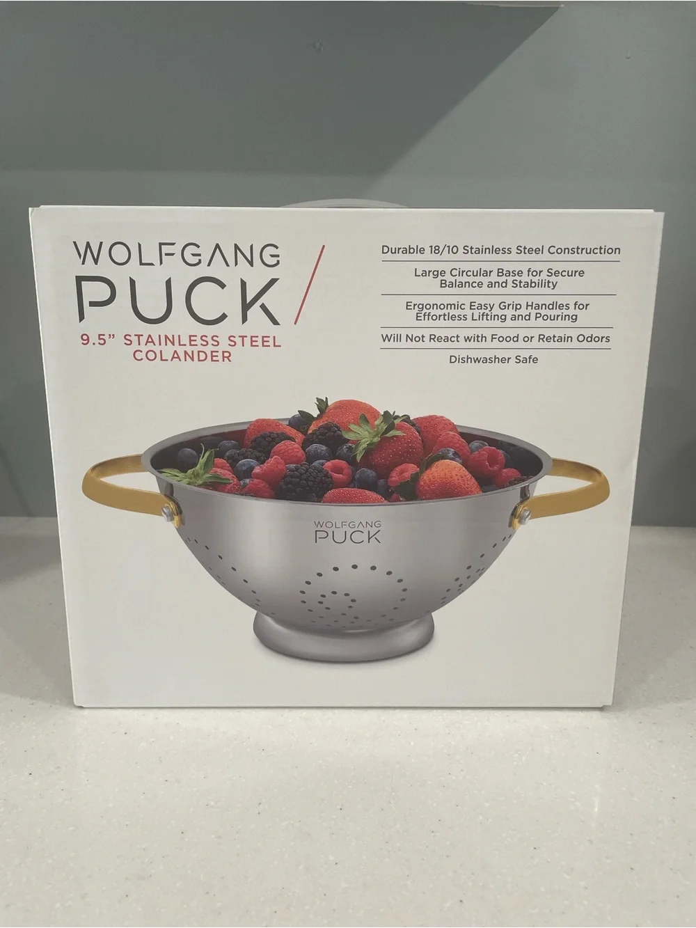 Wolfgang Puck 9.5” Stainless Steel Colander with Gold Handles – New in Box